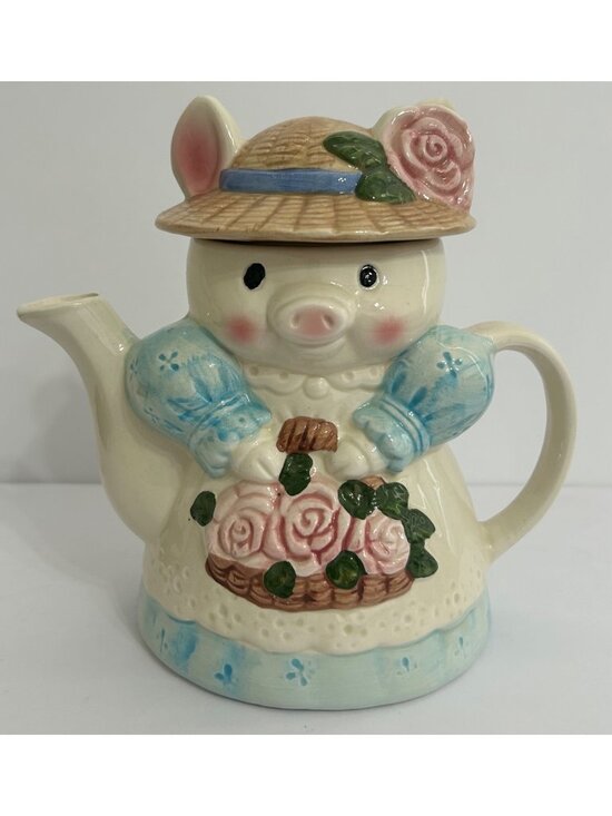 OCI Omnibus Other - Vintage Pig Teapot Pastel Colors Floral Grannycore Cottagecore Farmhouse Kitschy